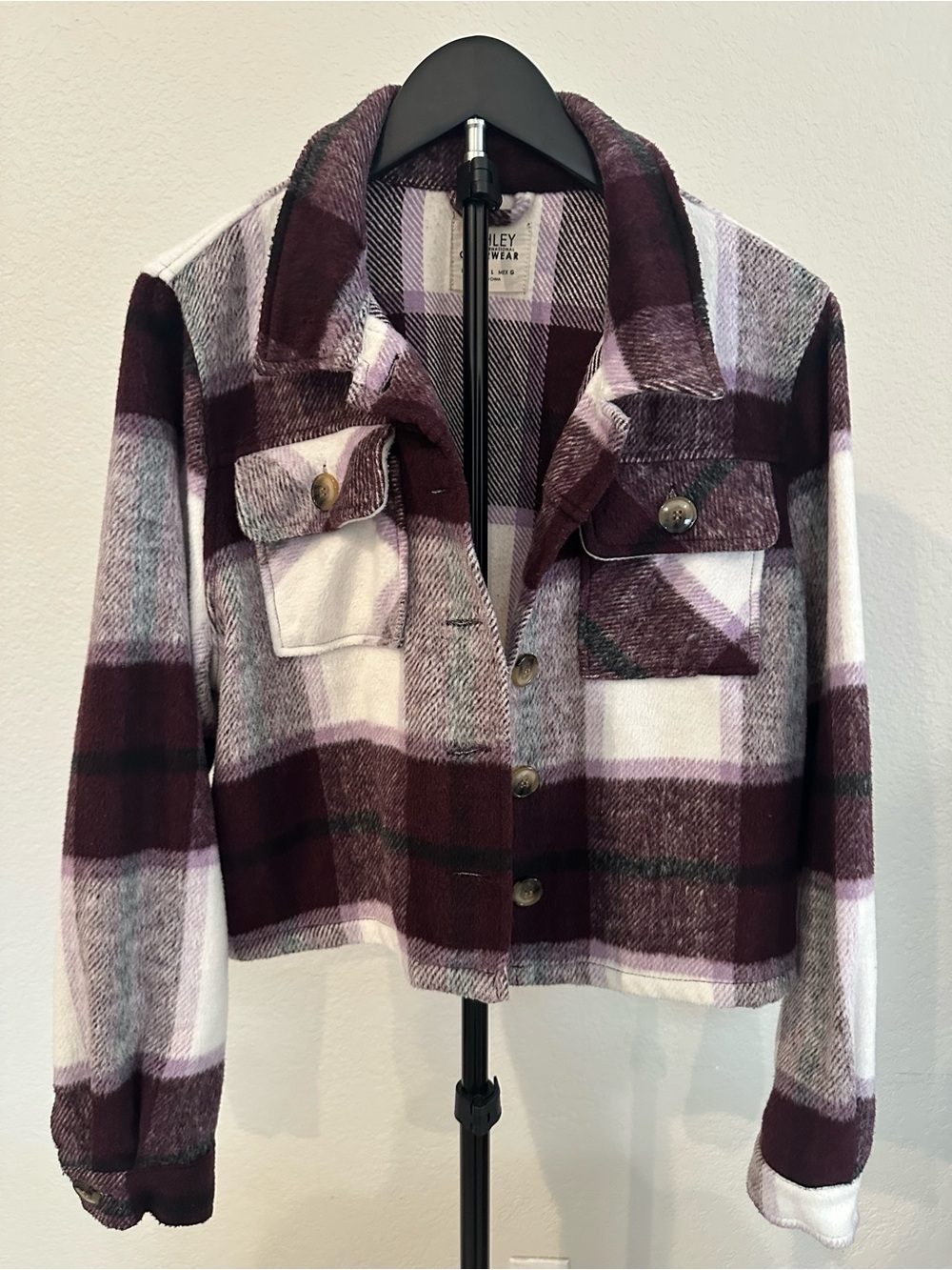 Ashley By 26 International Burgundy & White Plaid Teddy Jacket